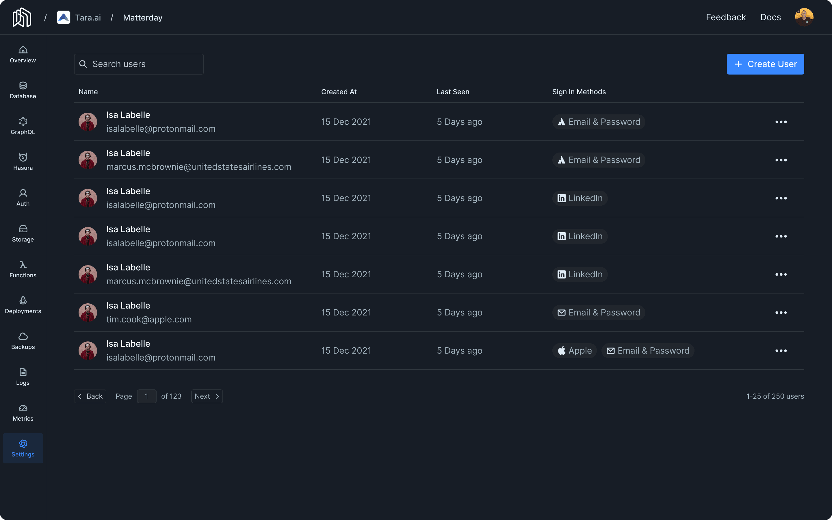 Auth page in the Nhost Dashboard