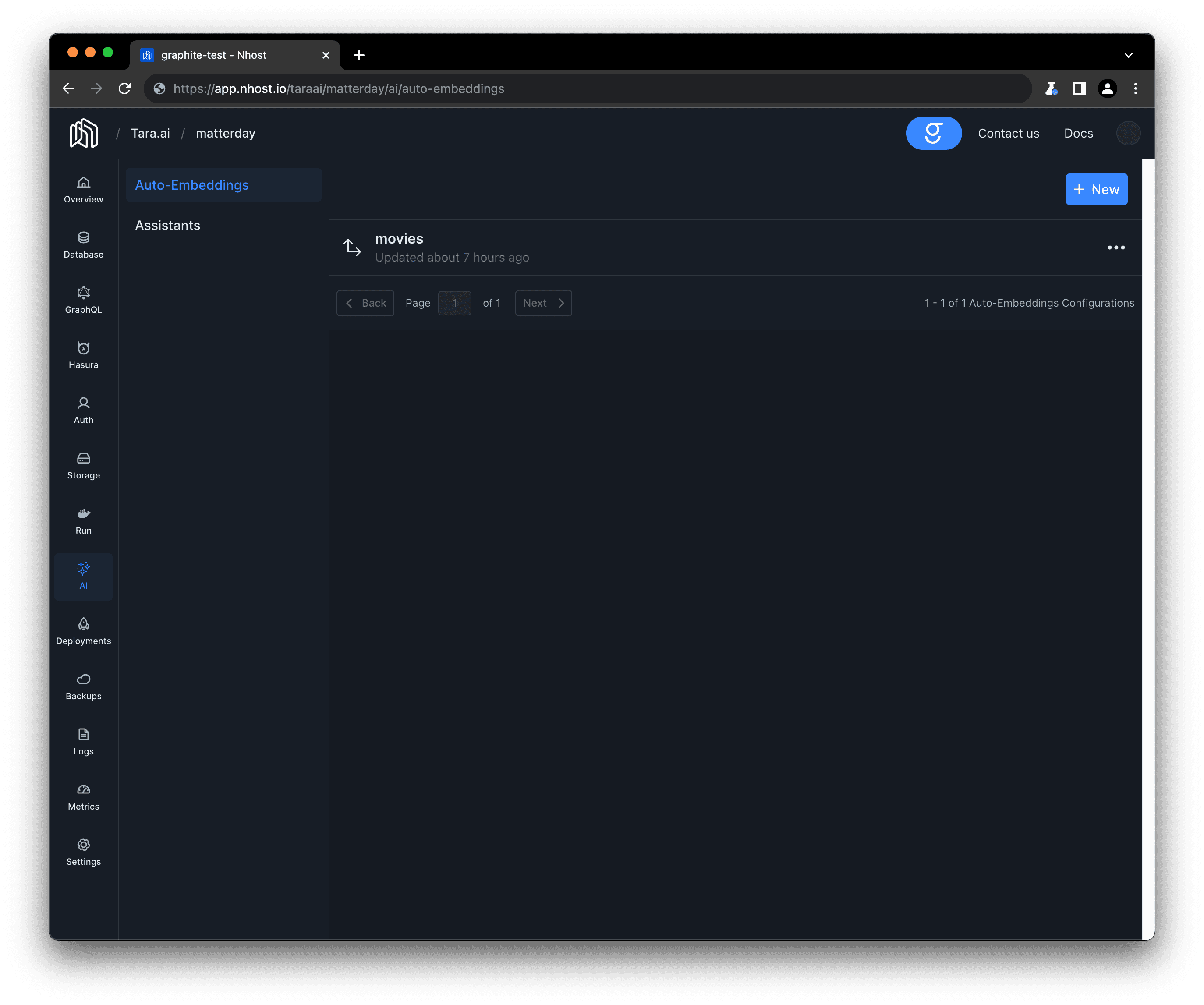 Auto-Embeddings page in the Nhost Dashboard