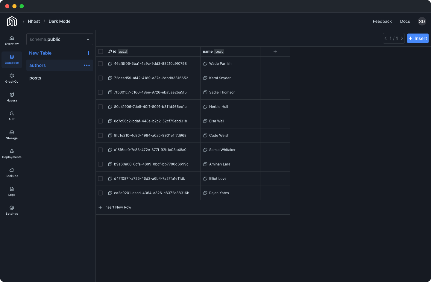 Database section of the Nhost Dashboard