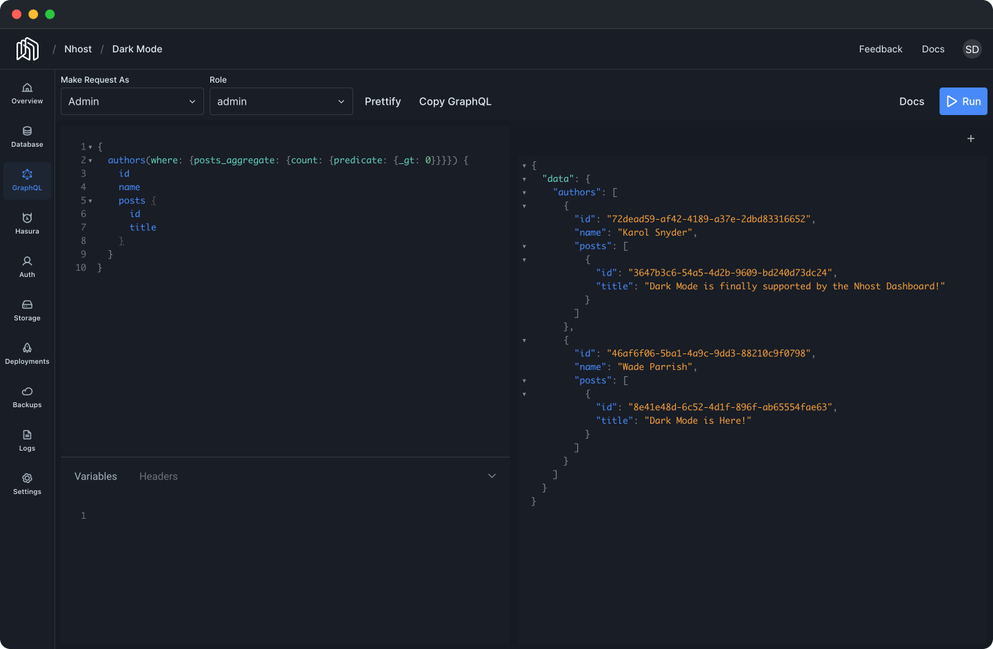 GraphQL section of the Nhost Dashboard