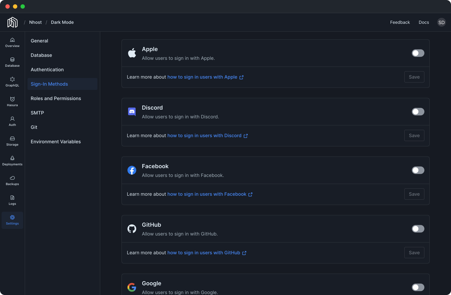 Settings section of the Nhost Dashboard