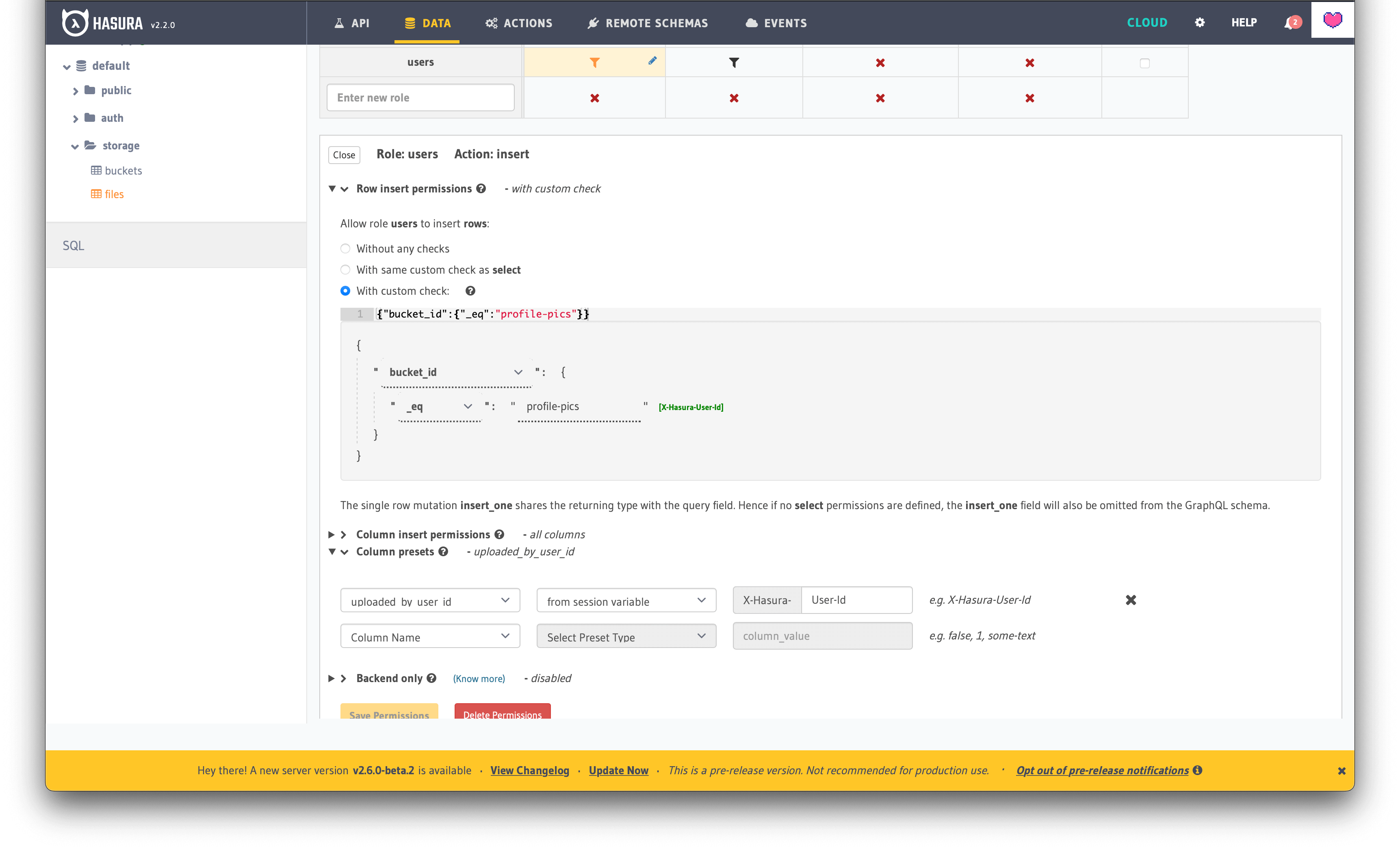 Setting permissions to allow users to upload files to the bucket profile-pics and presetting the value uploaded_by_user_id