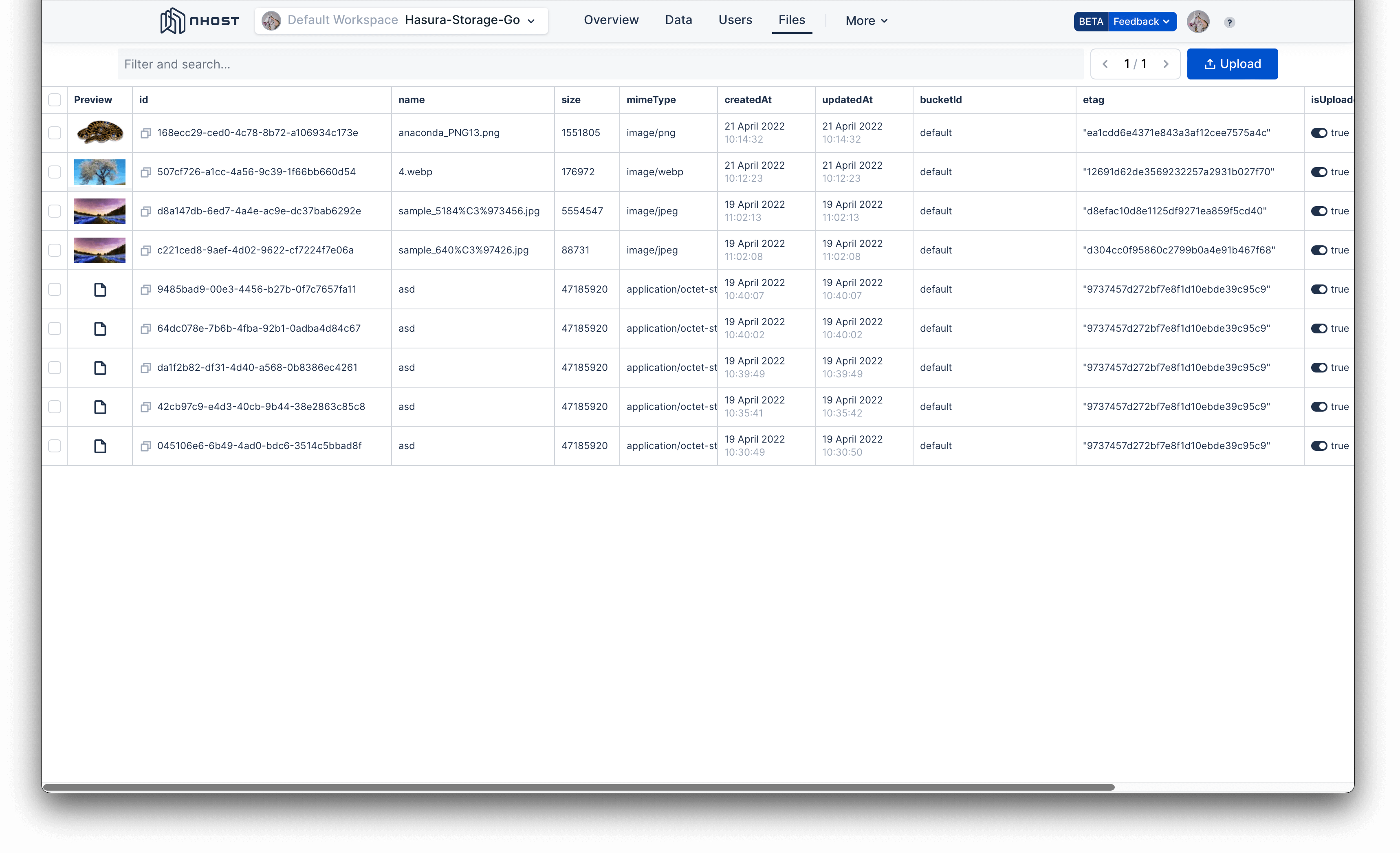 Files browser in the Nhost Console.