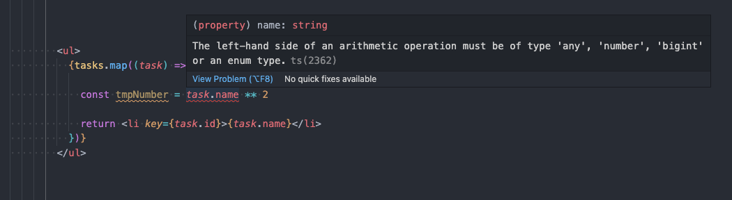 VS Code shows another TypeScript error.
