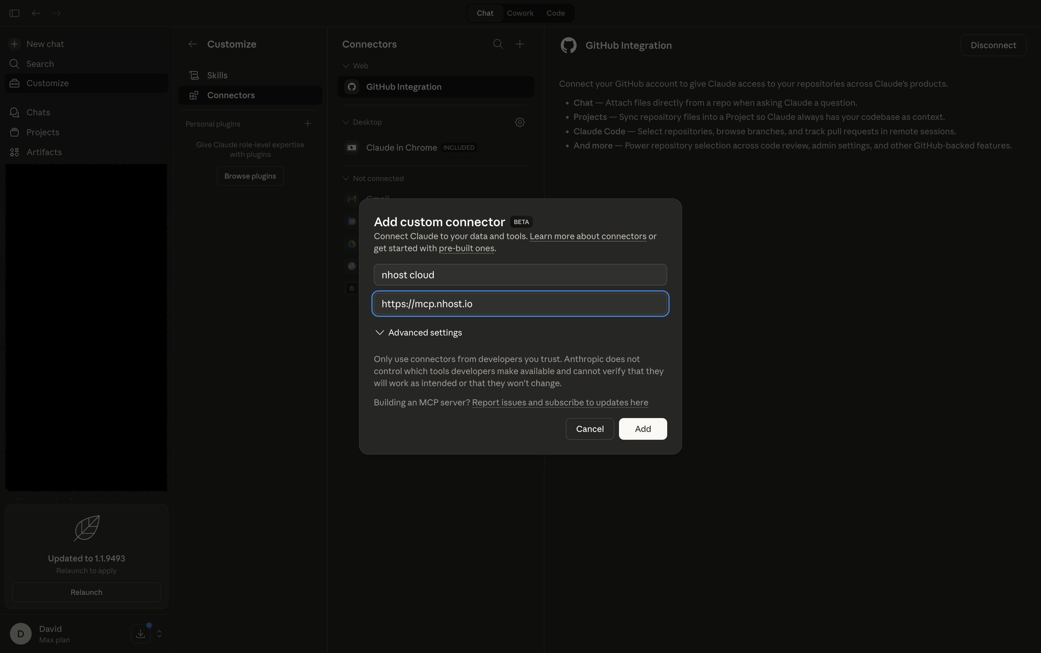 Adding the Nhost MCP connector in Claude