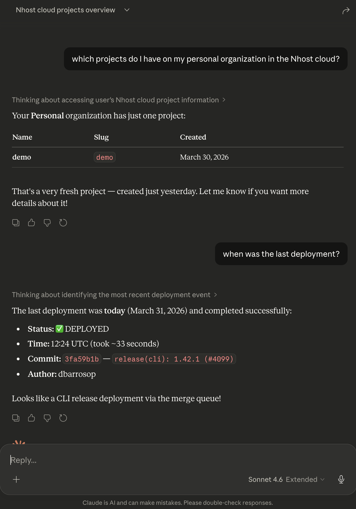 Claude querying Nhost project data via MCP