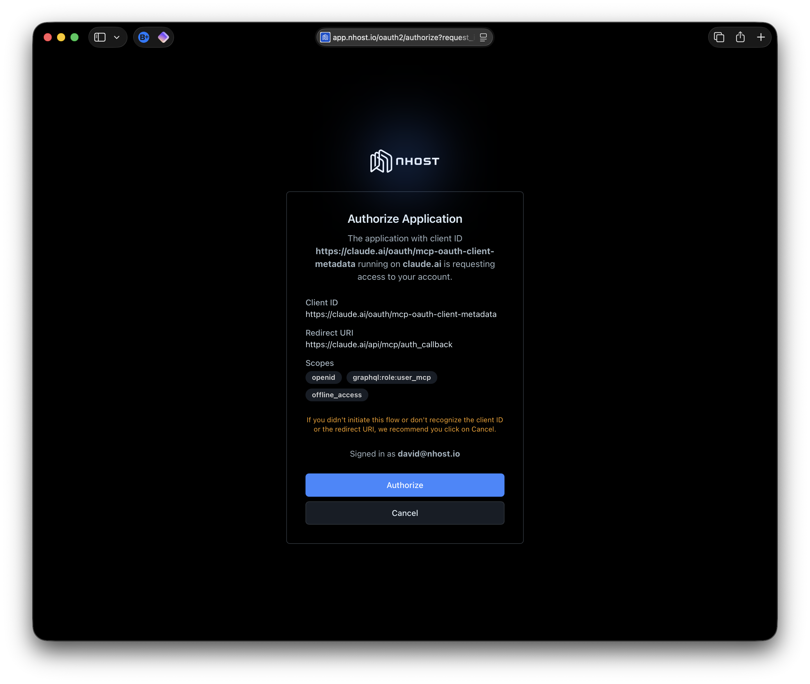 Nhost OAuth2 consent page showing authorization details