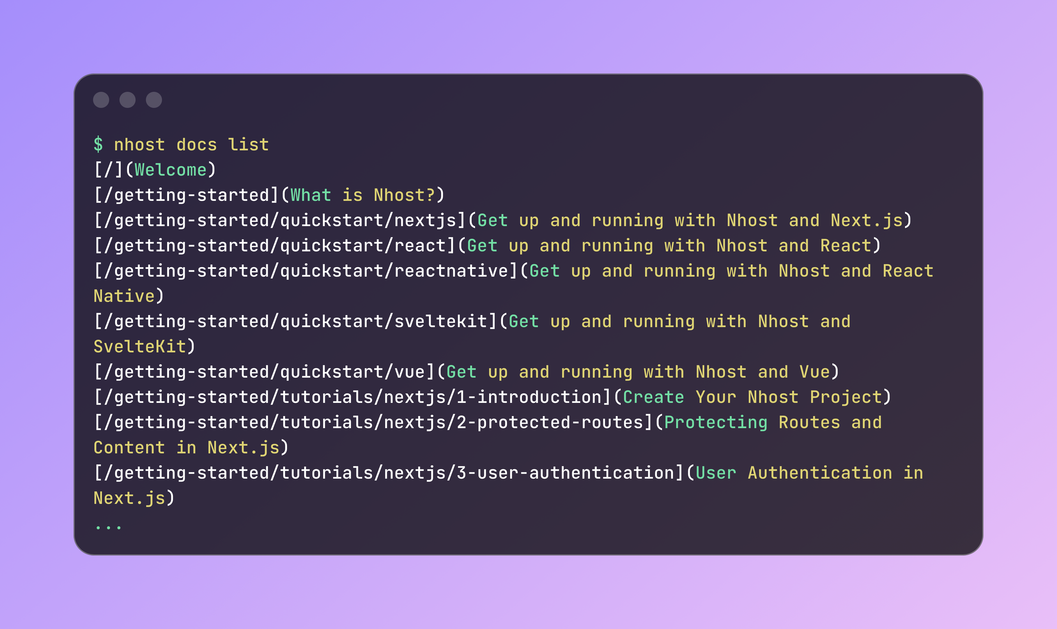 nhost docs list command showing all available documentation pages