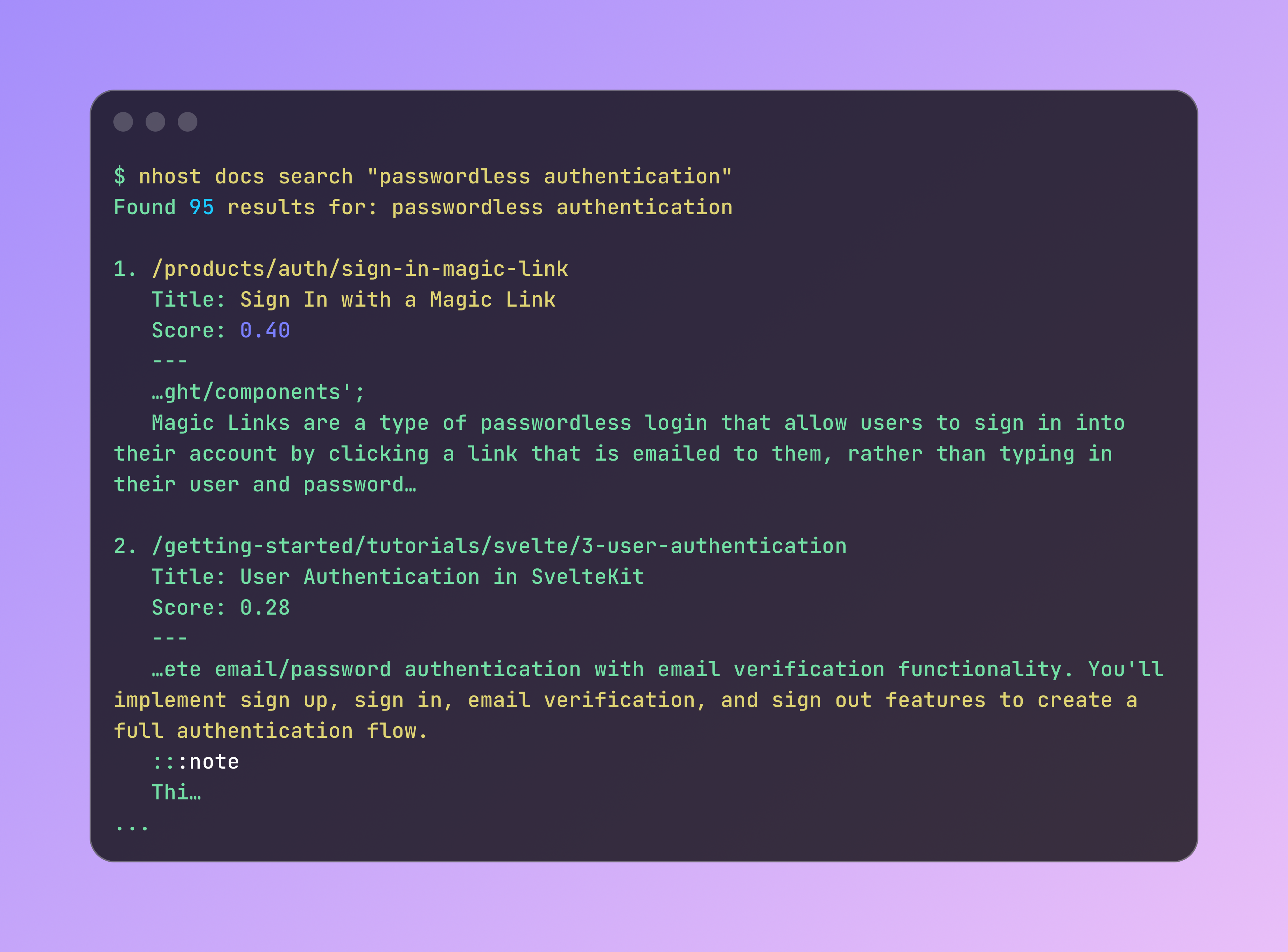nhost docs search command finding relevant pages for passwordless authentication
