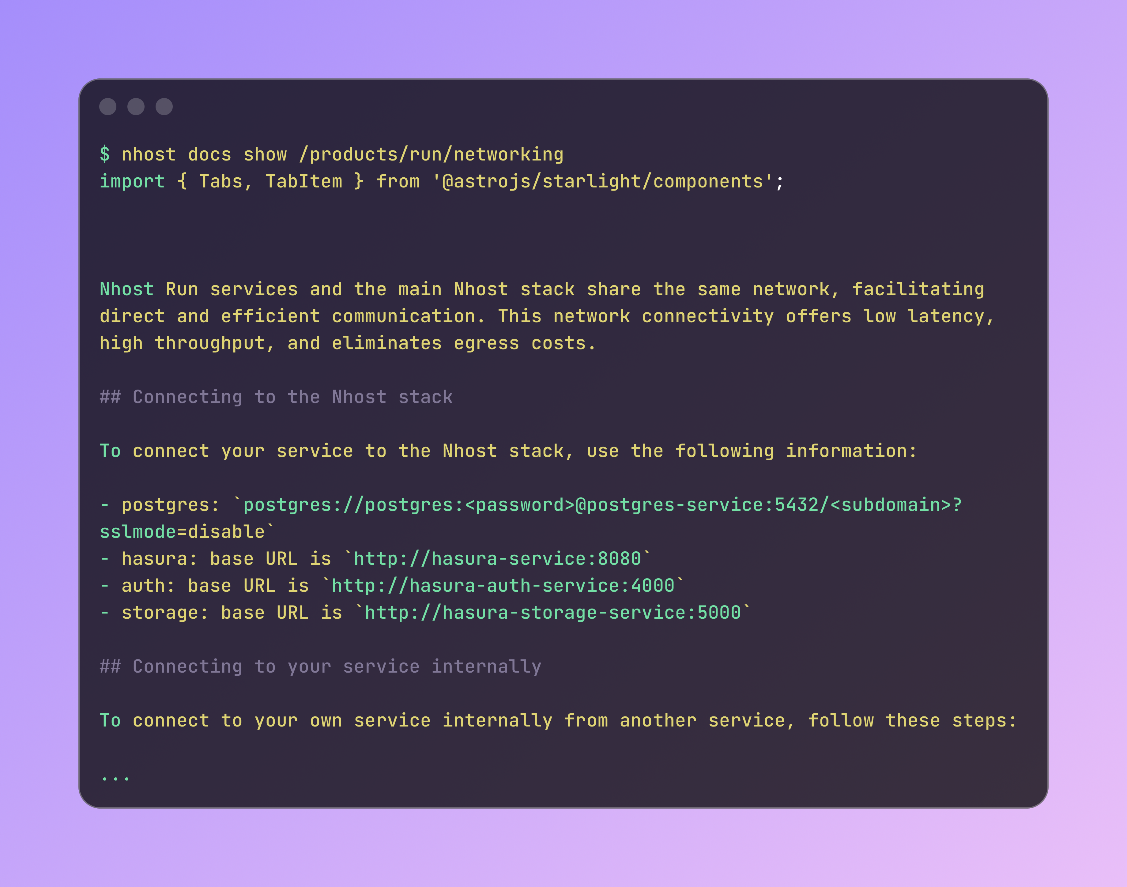 nhost docs show command displaying the full content of a documentation page