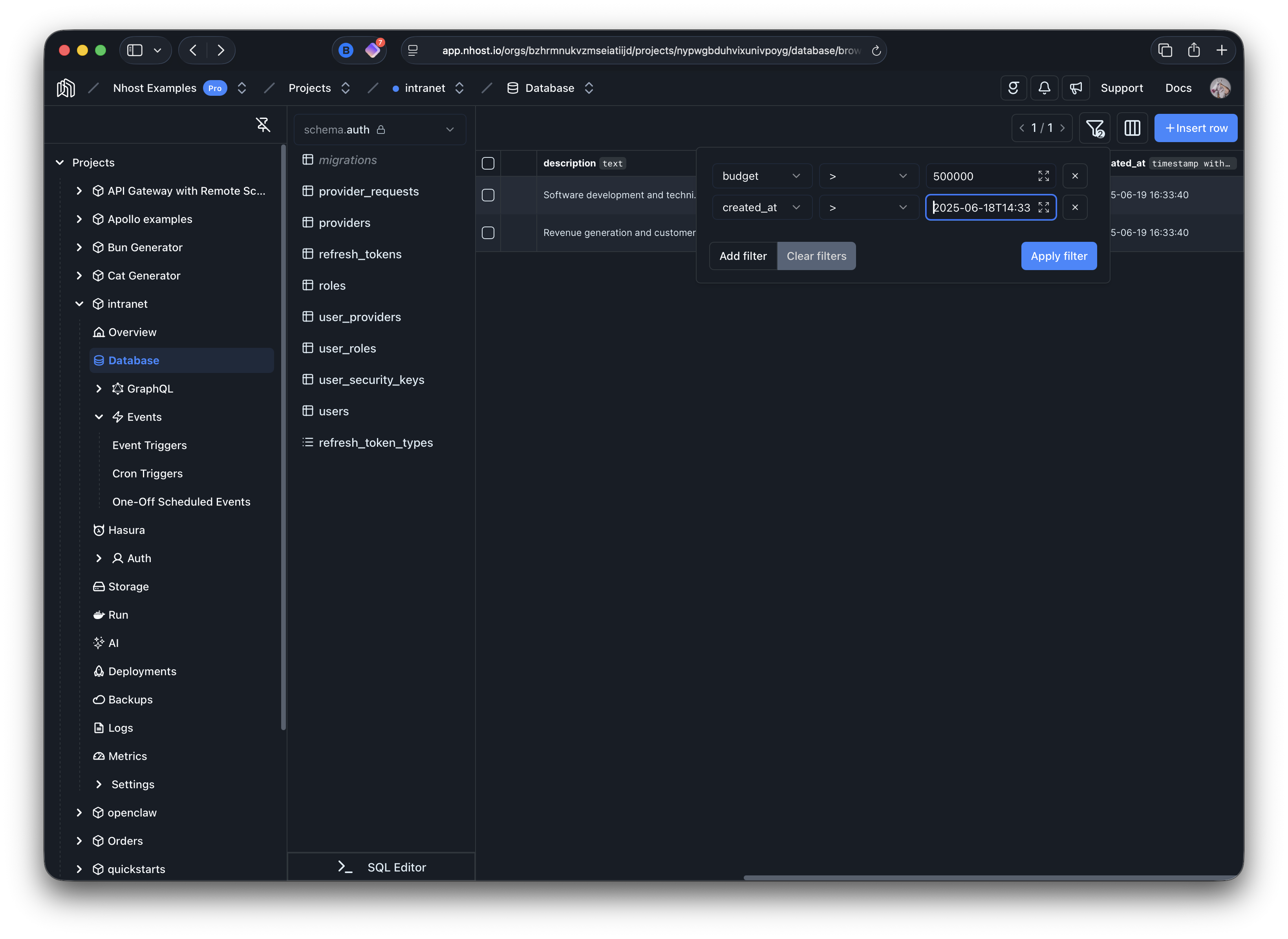 Data browser with column filters