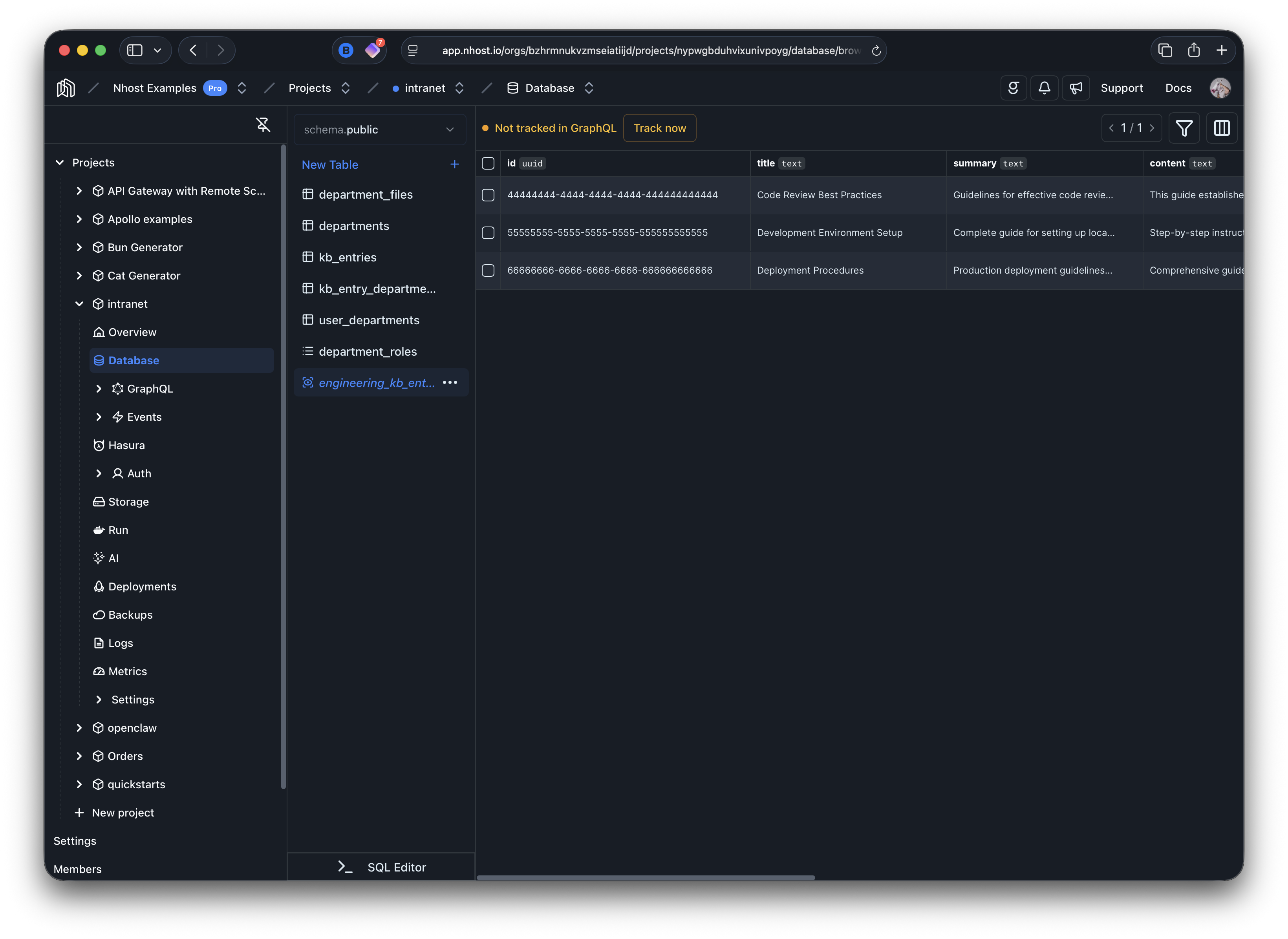 Database page showing views and untracked tables