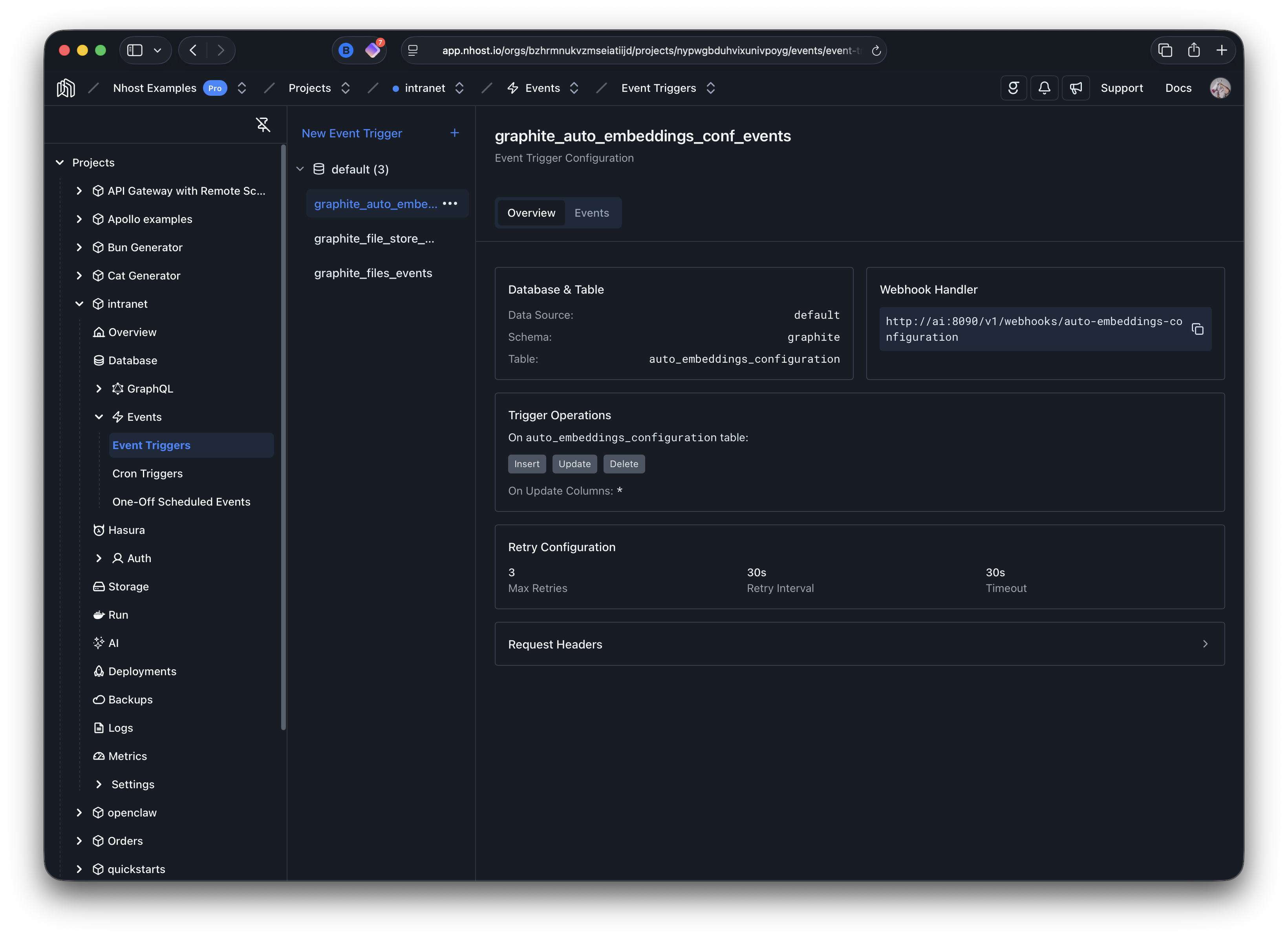 Event triggers management page in the Nhost Dashboard