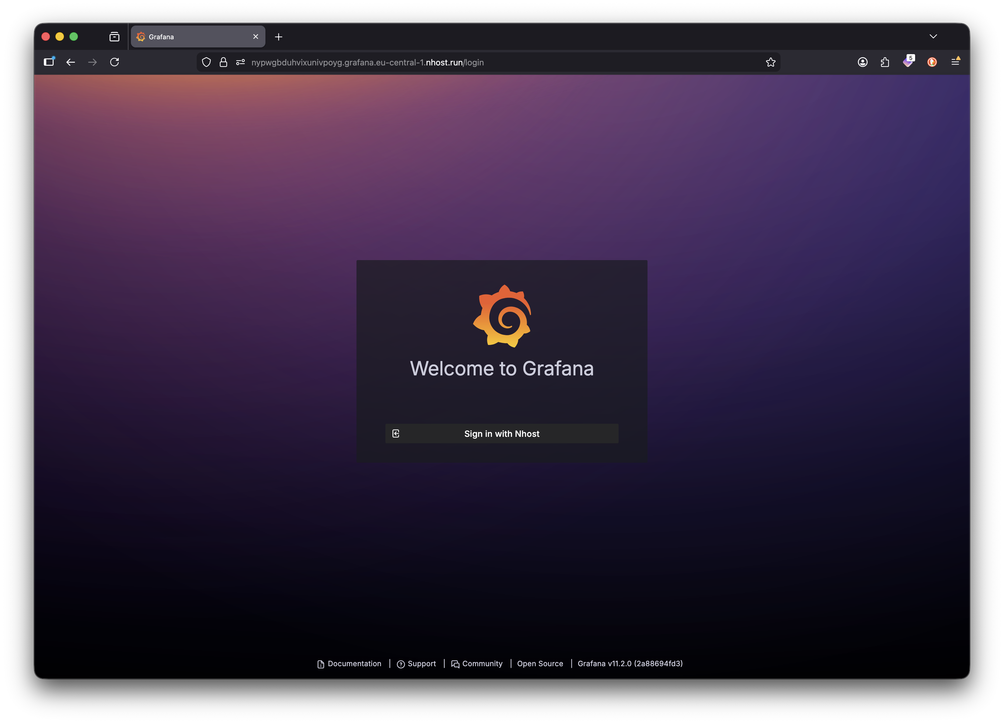 Grafana login page showing Sign in with Nhost
